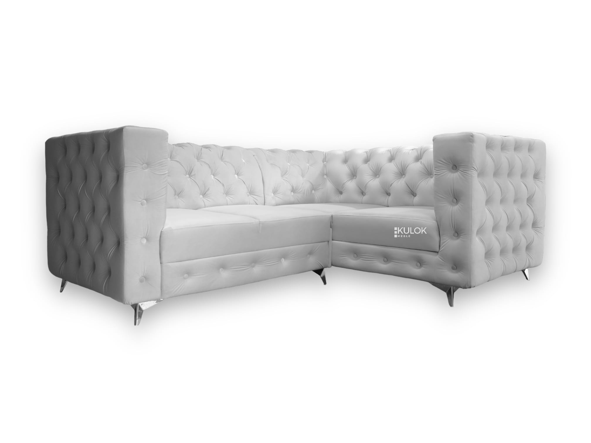 Narożnik pikowany Manchester Babilon Lux 210cm x 170cm Prawostronny 4 osobowy szary Magic Velvet 2240 nogi gwiazdy srebro głęboko pikowany narożnik bez funkcji spania wysokie oparcie do salonu glamour