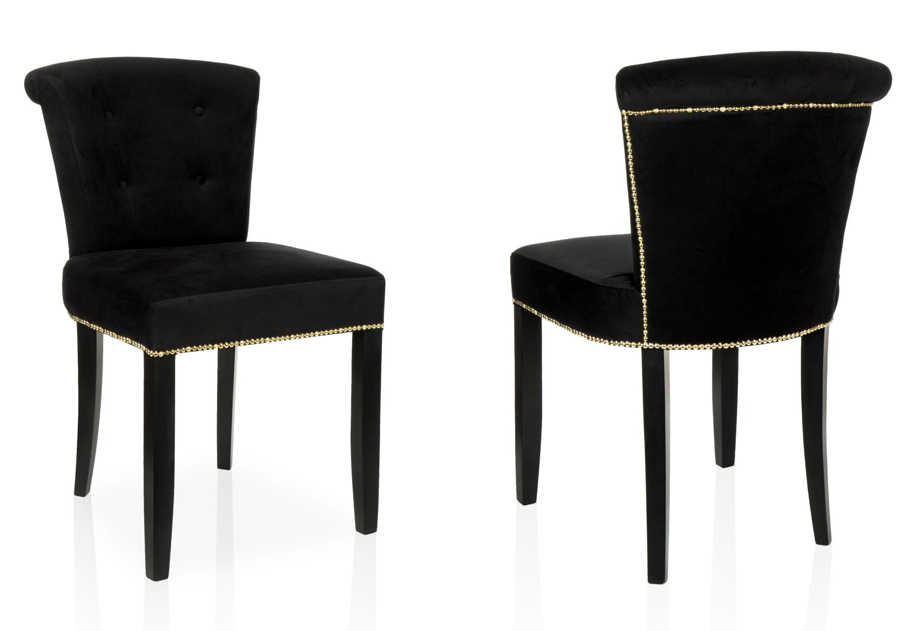 Ekskluzywne krzesło tapicerowane pikowane Monaco II glamour czarny welur na czarnych nogach drewnianych Chesterfield  z ćwiekami z niskim oparciem