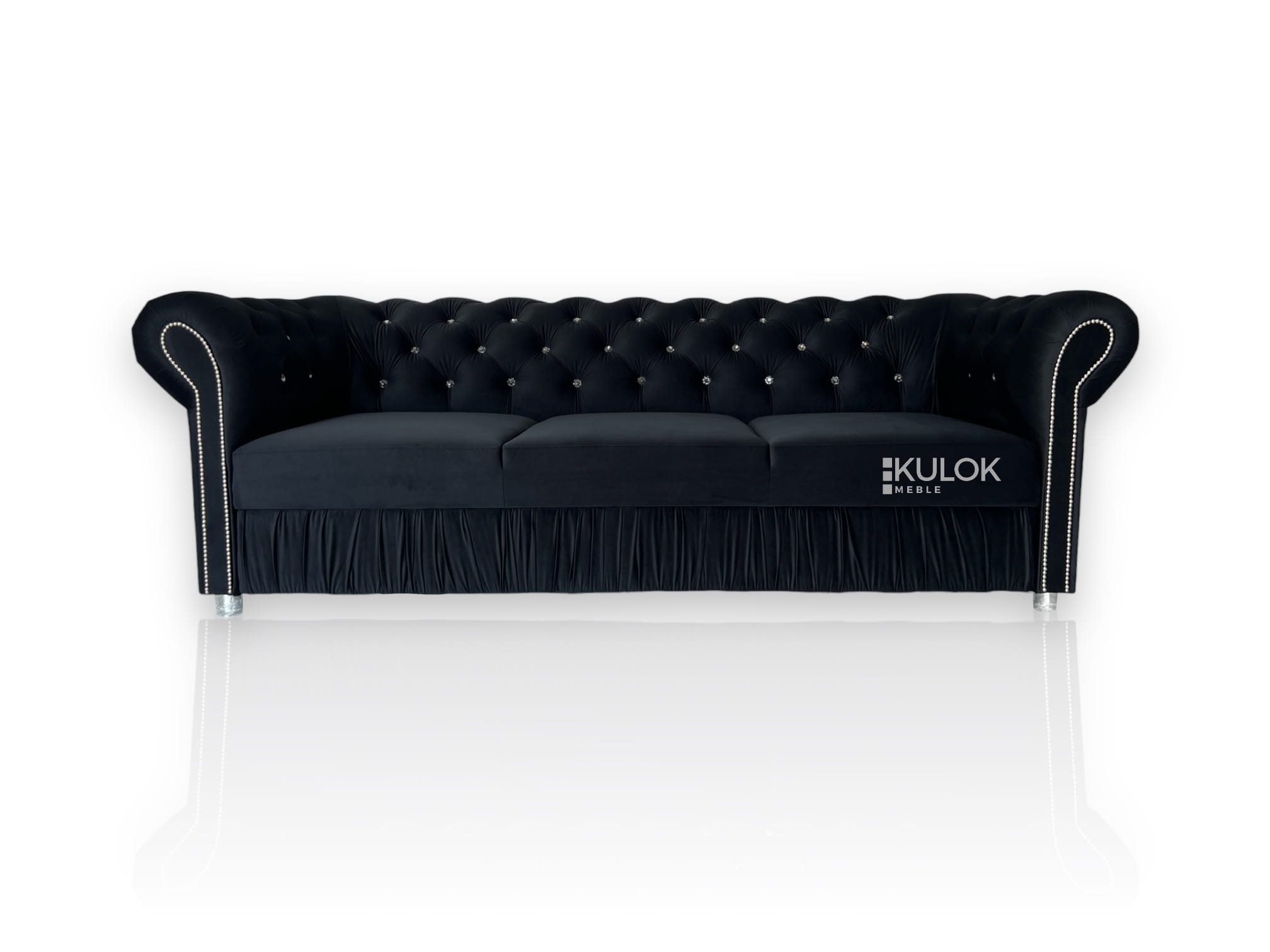 Designerska czarna 3-os kanapa chesterfield 225cm pikowana pięknymi ciemnymi kryształami srebrne cekiny z funkcją spania delfin w welurze premium Amor Velvet 4322  silver-black