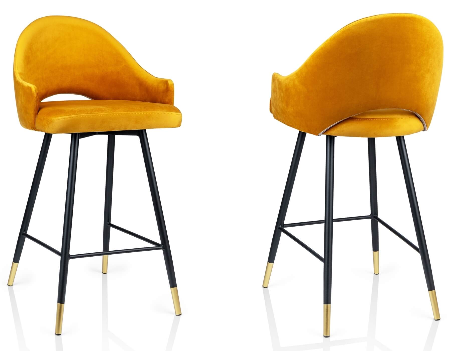  Hoker tapicerowany Megan miodowy z ozdobnymi złotymi końcówkami na stalowym czarnym stelażu z wycięciem w oparciu  