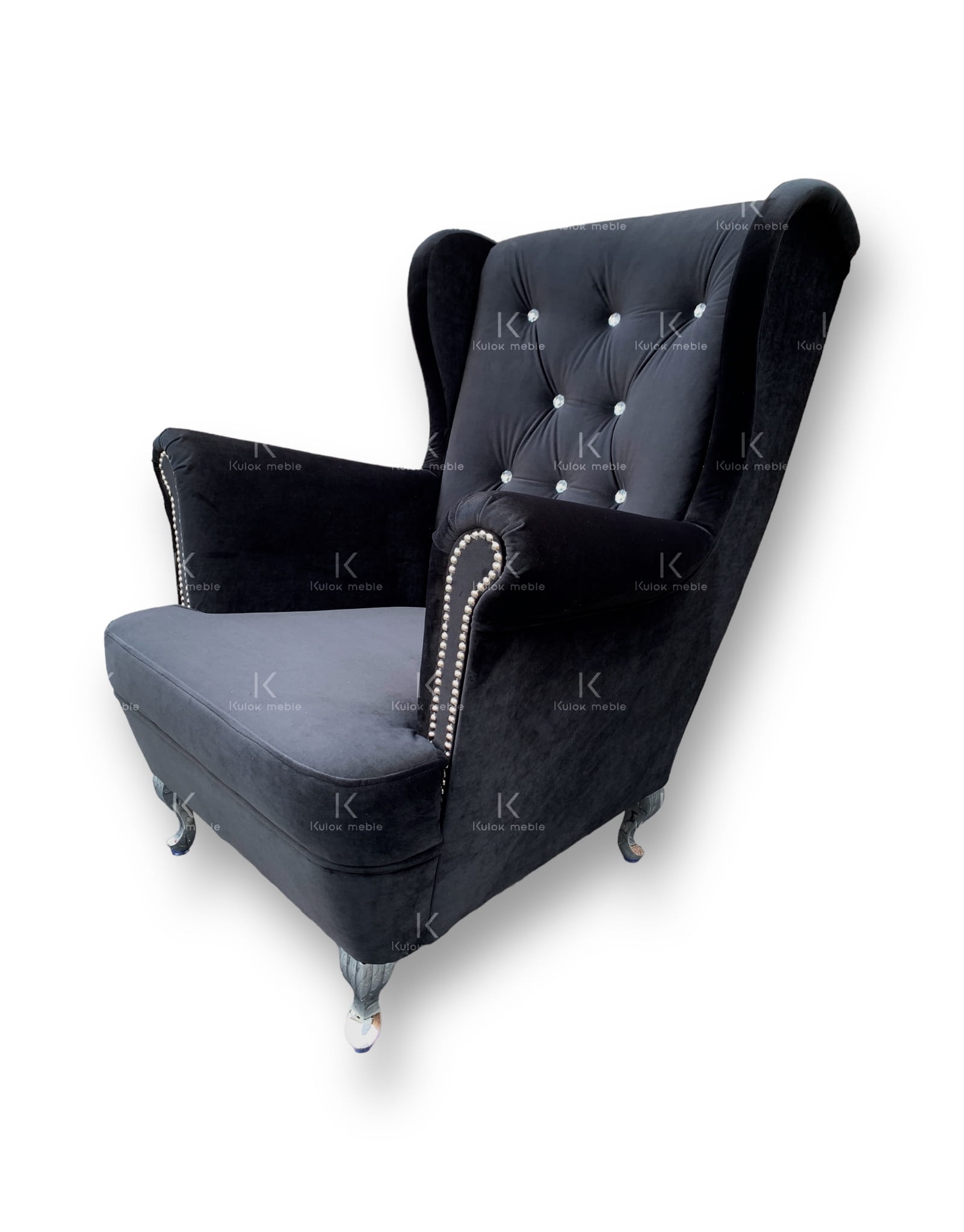 Fotel Uszak Glamour pikowany kryształkami Ludwik srebro - Magic Velvet 2219