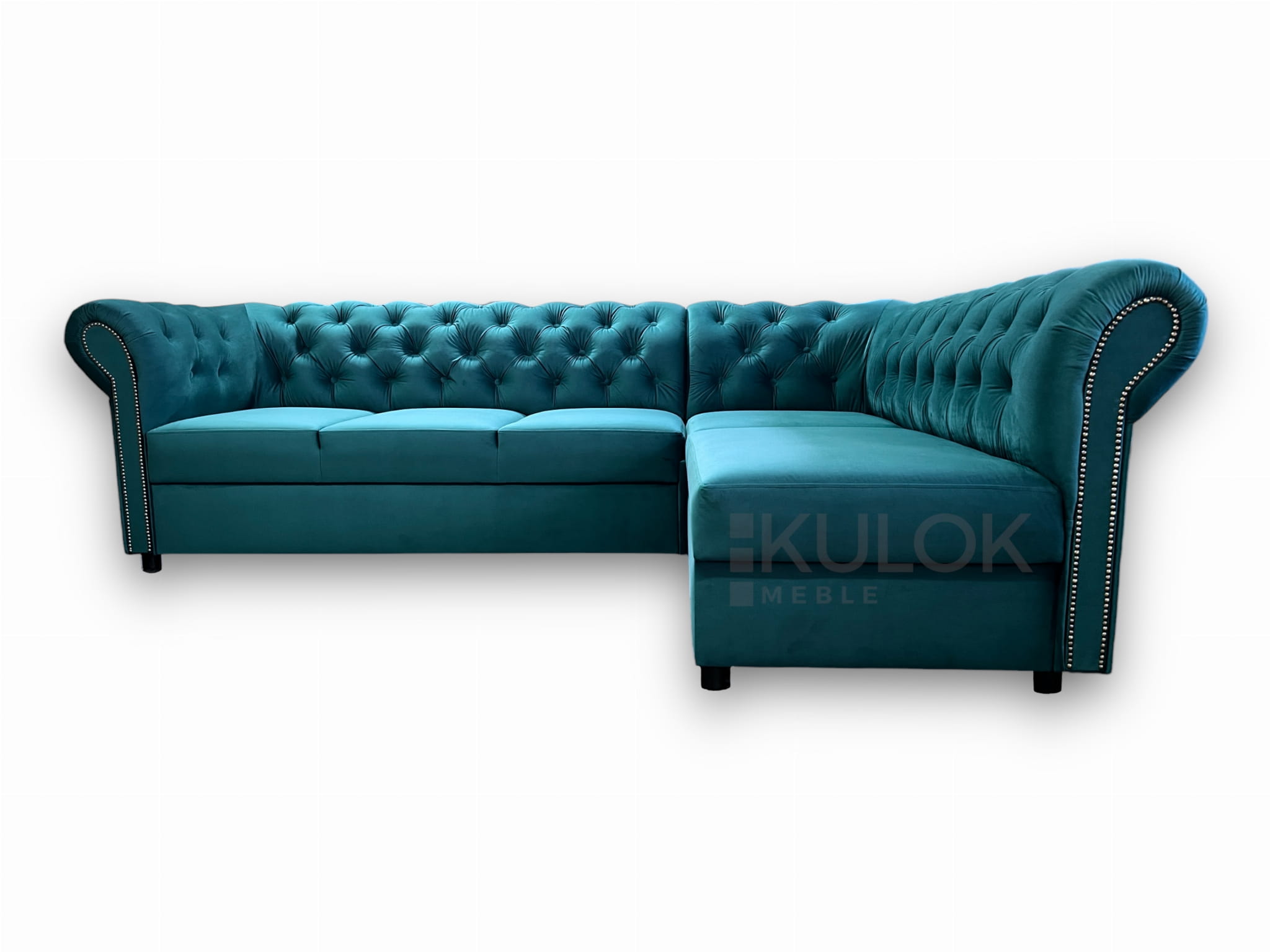 Narożnik Chesterfield Primavera turkus Magic Velvet 2220 rozkładany Prawostronny klasyczny pikowany